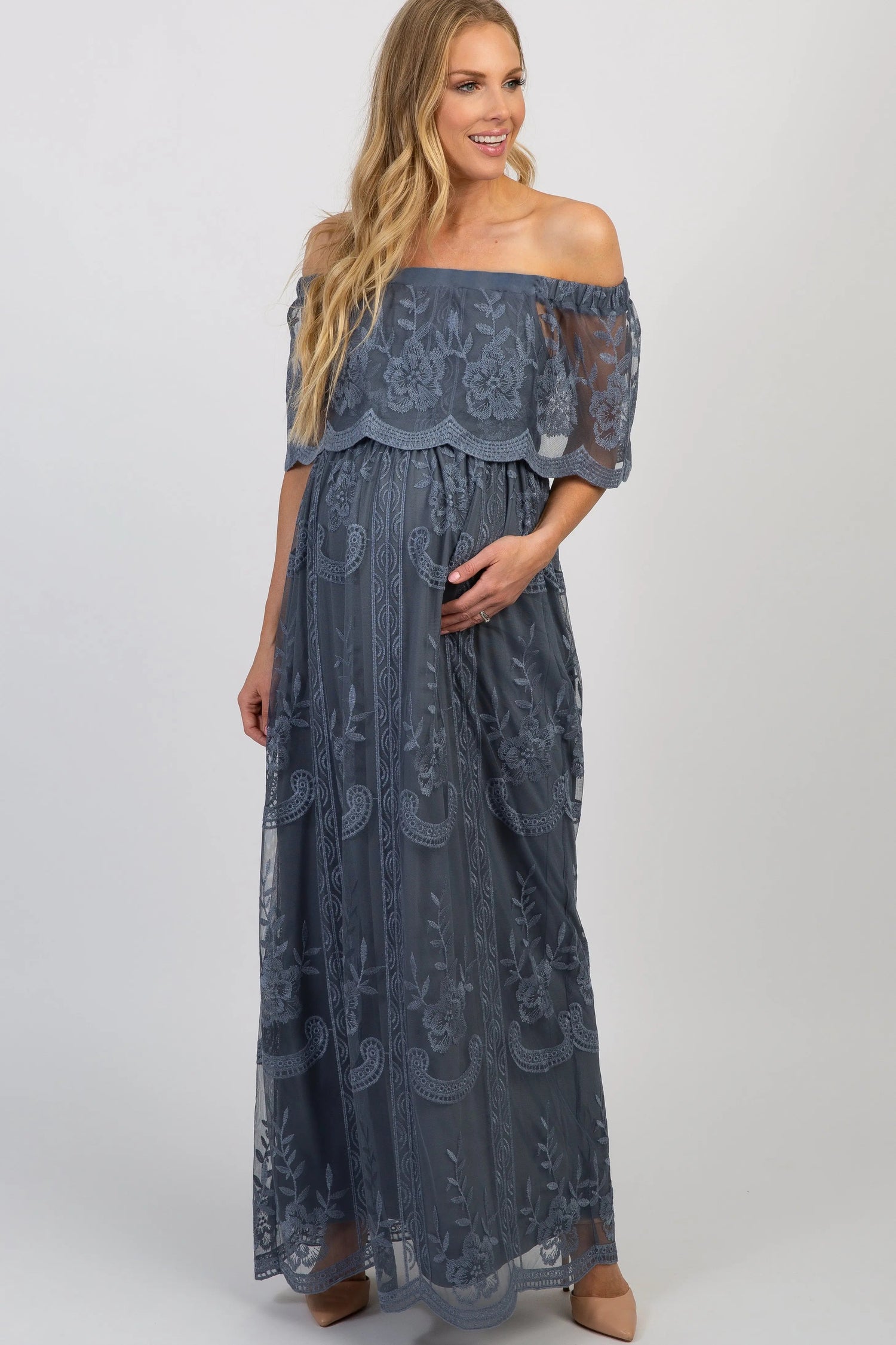 Blue Lace Mesh Overlay Off Shoulder Maternity Maxi Dress - Dress, Gown, Waist, Day Dress, One-piece garment | Everetts Place