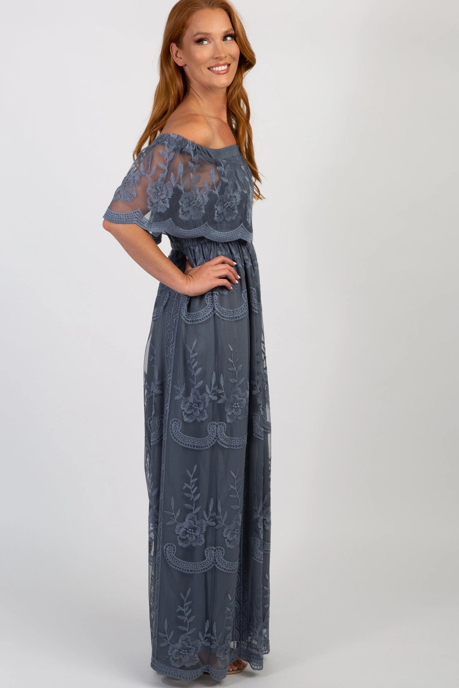 PinkBlush Blue Lace Mesh Overlay Off Shoulder Maxi Dress - 