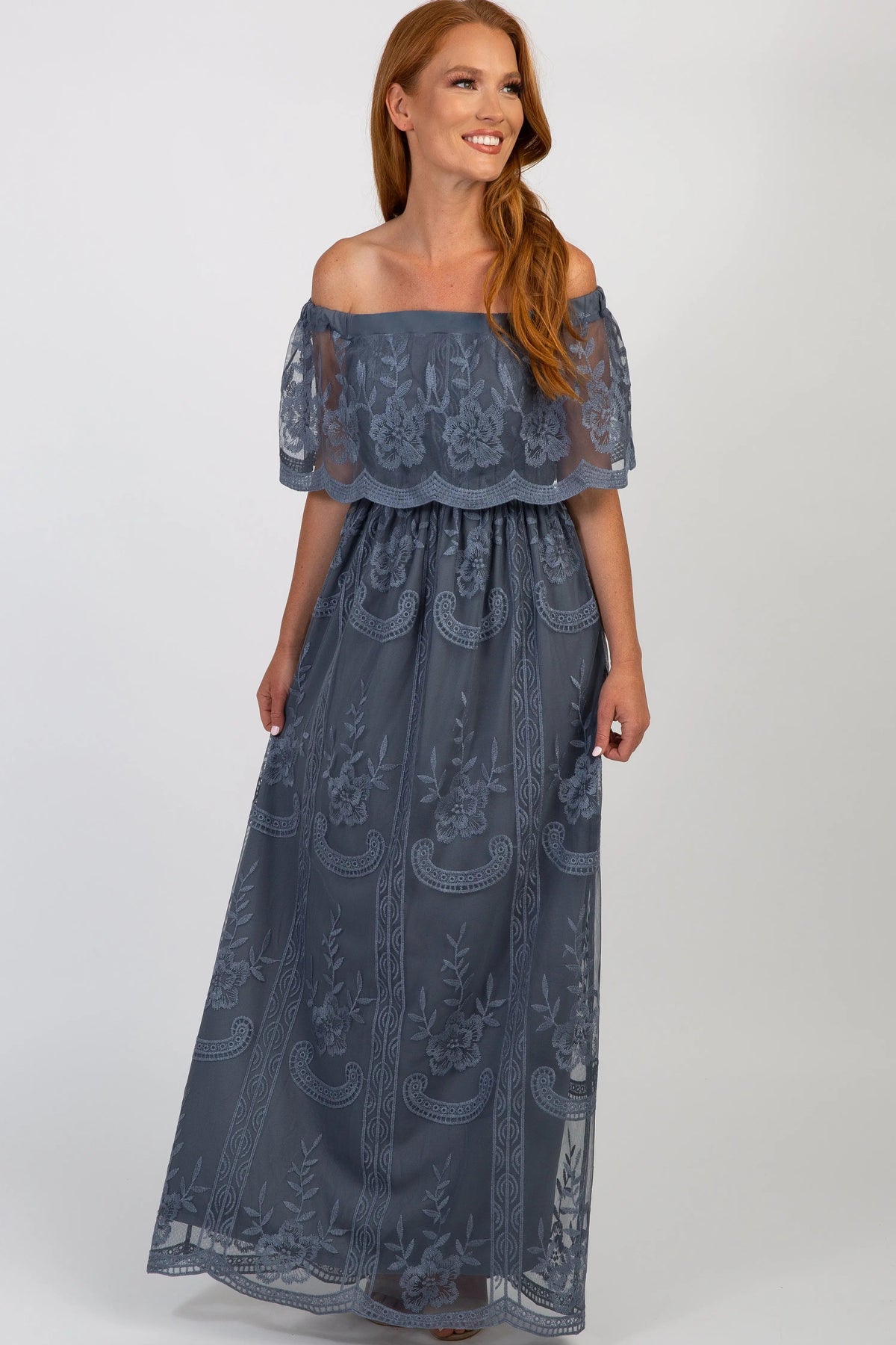 Blue Lace Mesh Overlay Off Shoulder Maxi Dress - Dress, Formal wear, Waist, Day Dress, One-piece garment | Everetts Place