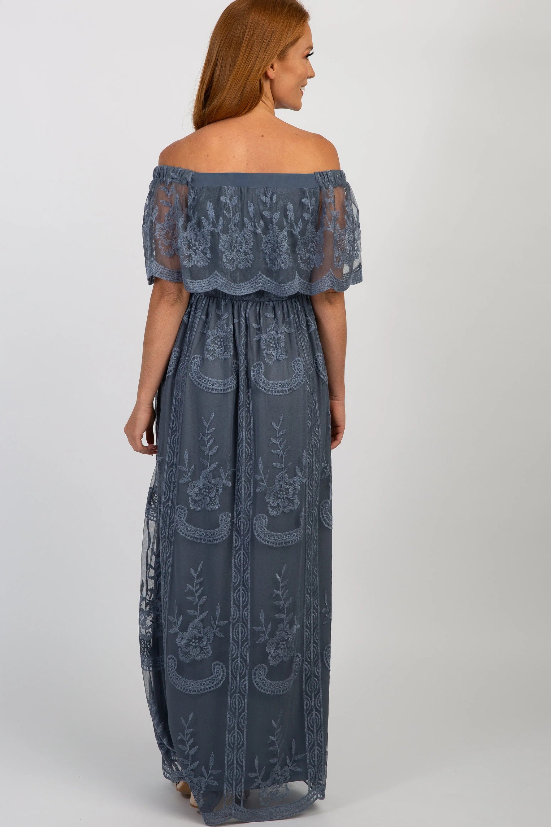 PinkBlush Blue Lace Mesh Overlay Off Shoulder Maxi Dress - 