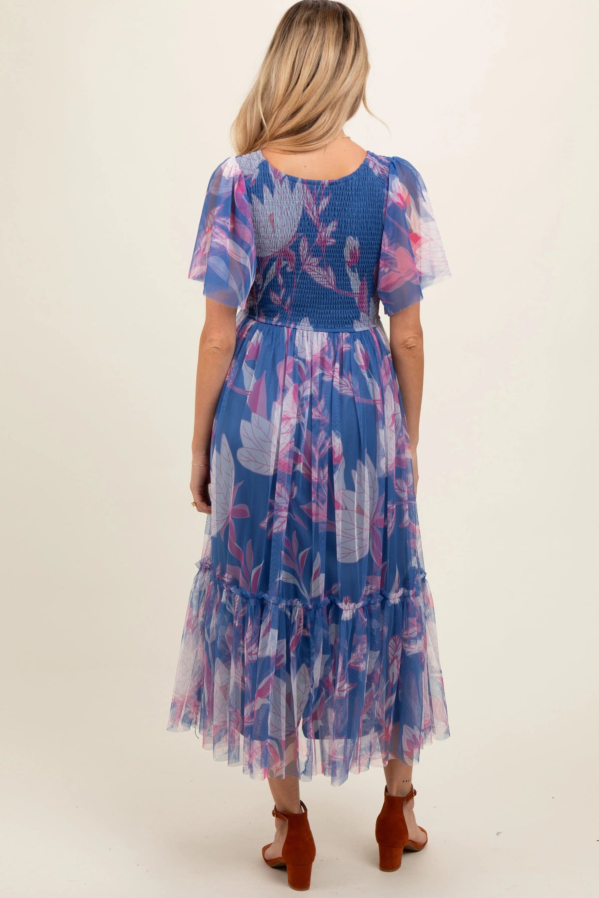 PinkBlush Blue Leaf Print Mesh Smocked Maternity Midi Dress - 