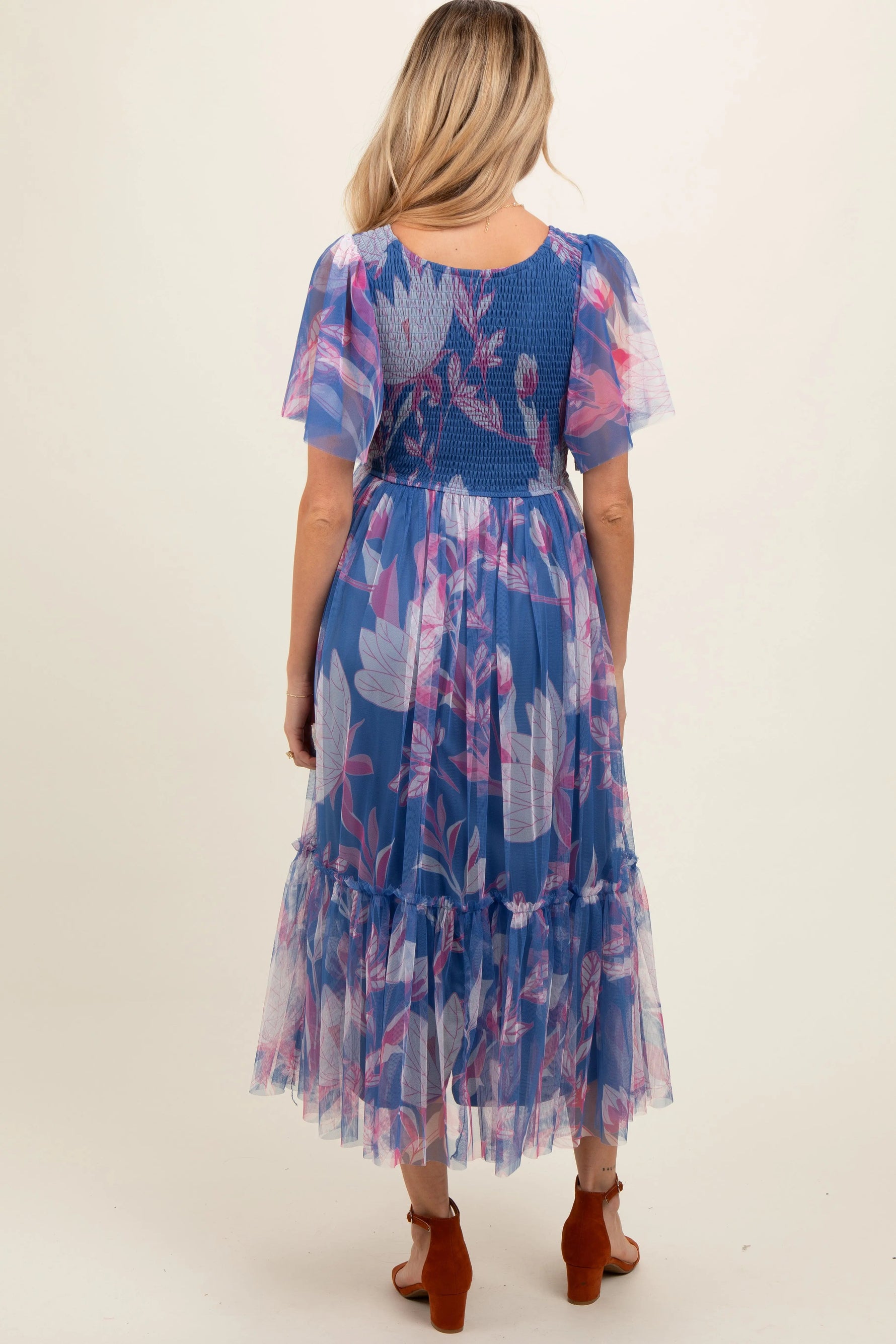 PinkBlush Blue Leaf Print Mesh Smocked Maternity Midi Dress - 