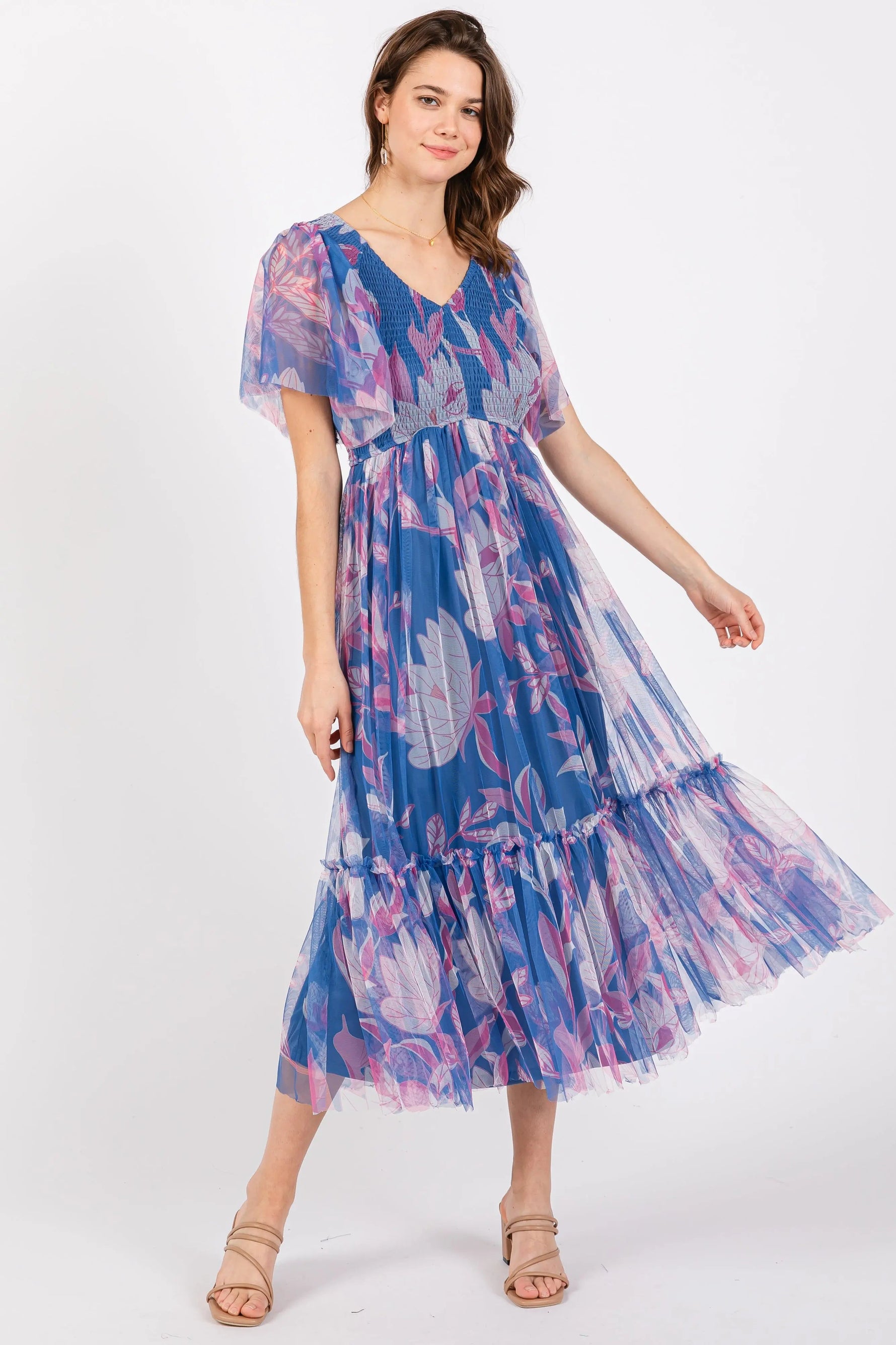 PinkBlush Blue Leaf Print Mesh Smocked Maternity Midi Dress - 
