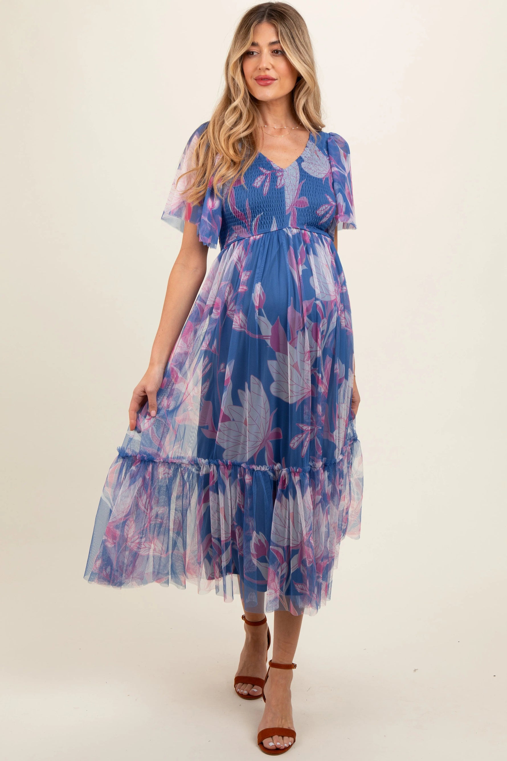 PinkBlush Blue Leaf Print Mesh Smocked Maternity Midi Dress - 