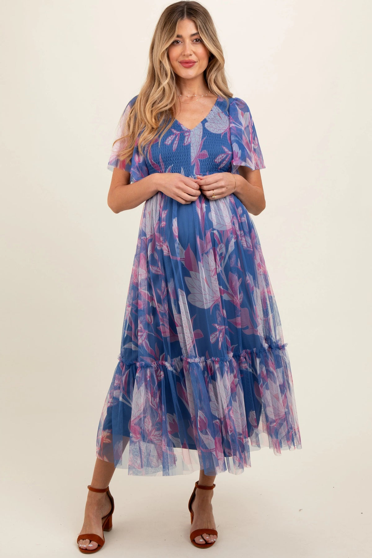 PinkBlush Blue Leaf Print Mesh Smocked Maternity Midi Dress - 