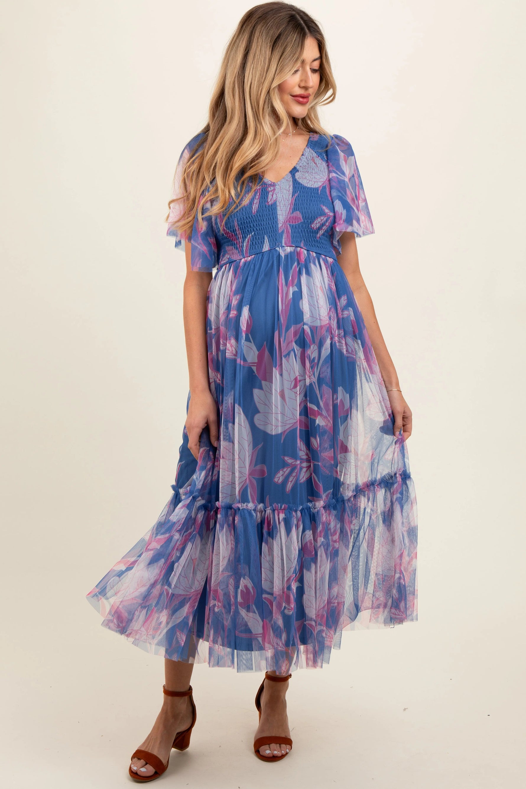 Blue Leaf Print Mesh Smocked Maternity Midi Dress - Day Dress, One-piece garment, Ruffle, Photo shoot, Person | Everetts Place