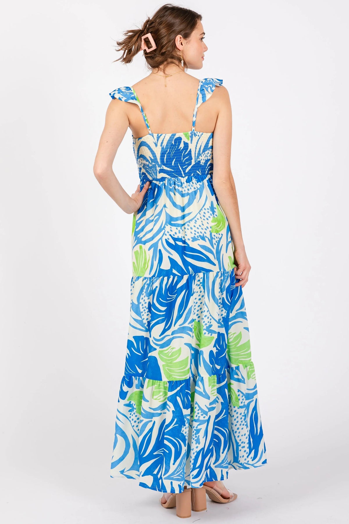 PinkBlush Blue Leaf Print Smocked Maxi Dress - 
