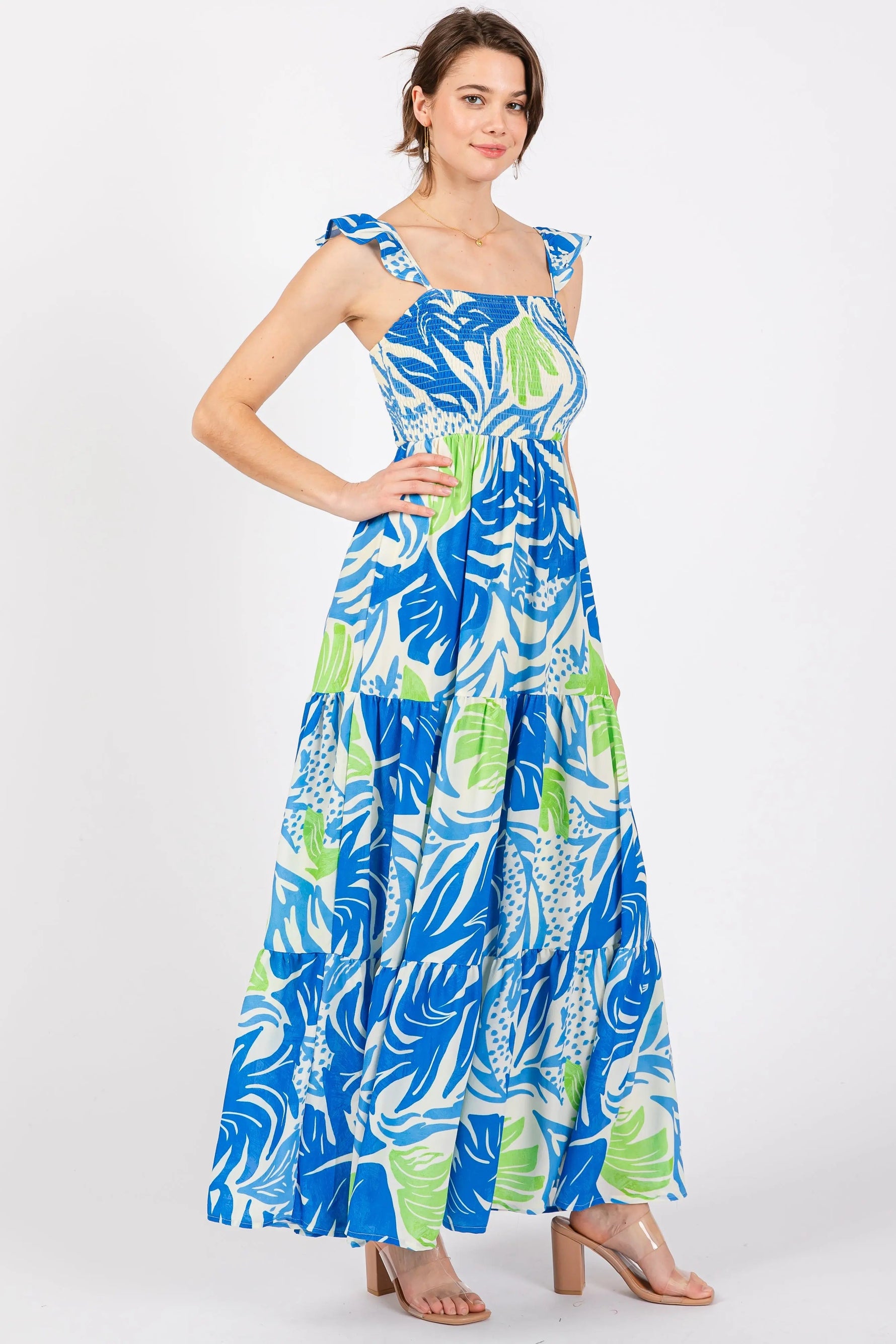 PinkBlush Blue Leaf Print Smocked Maxi Dress - 