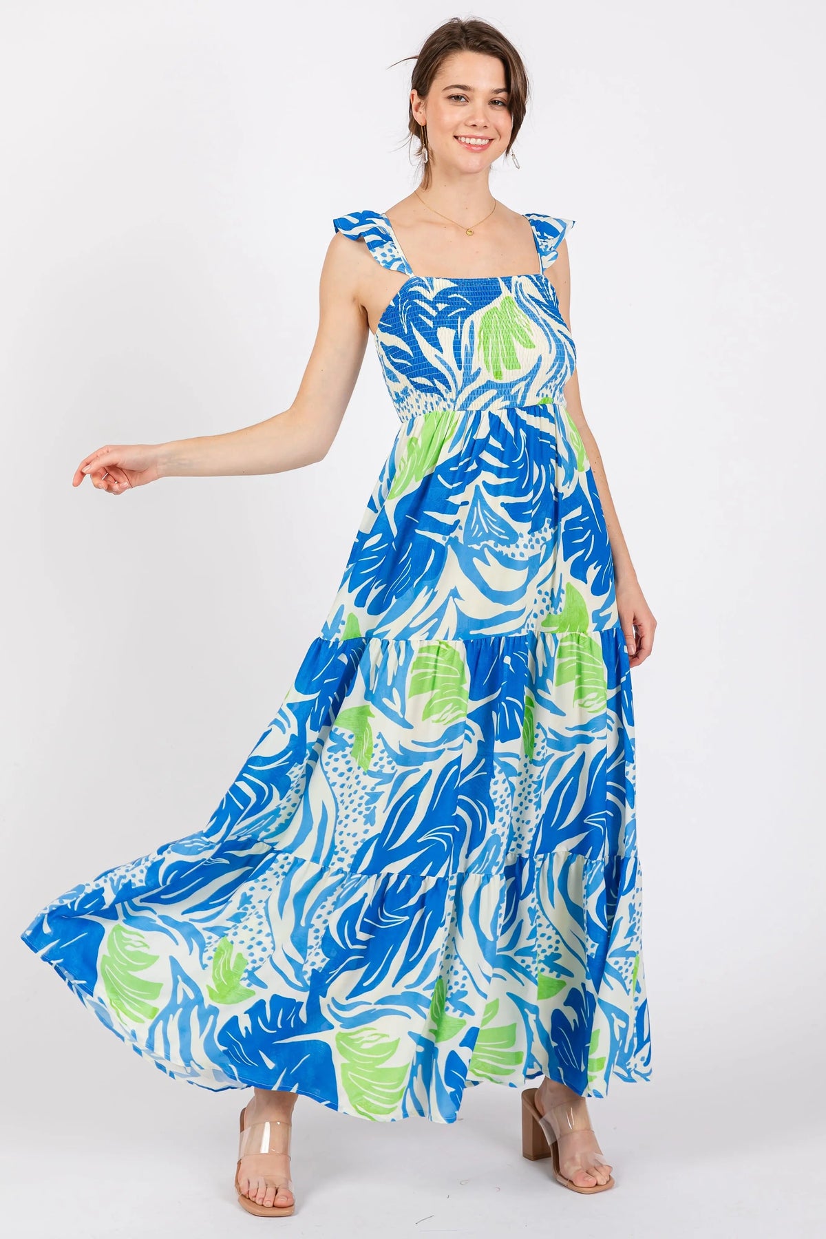 PinkBlush Blue Leaf Print Smocked Maxi Dress - 