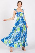 PinkBlush Blue Leaf Print Smocked Maxi Dress - 
