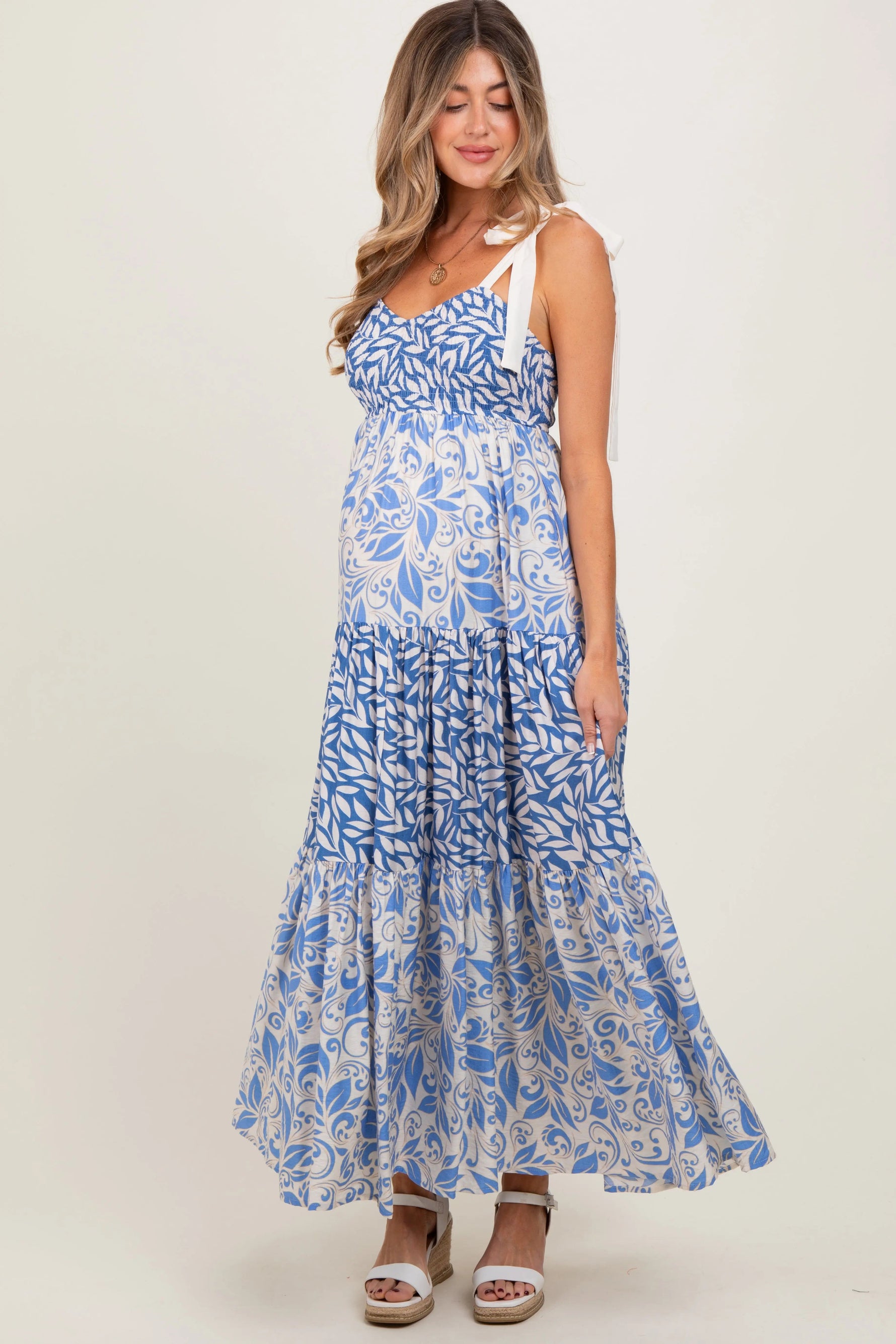 PinkBlush Blue Leaf Print Smocked Shoulder Tie Tiered Maternity Maxi Dress - 