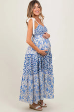PinkBlush Blue Leaf Print Smocked Shoulder Tie Tiered Maternity Maxi Dress - 