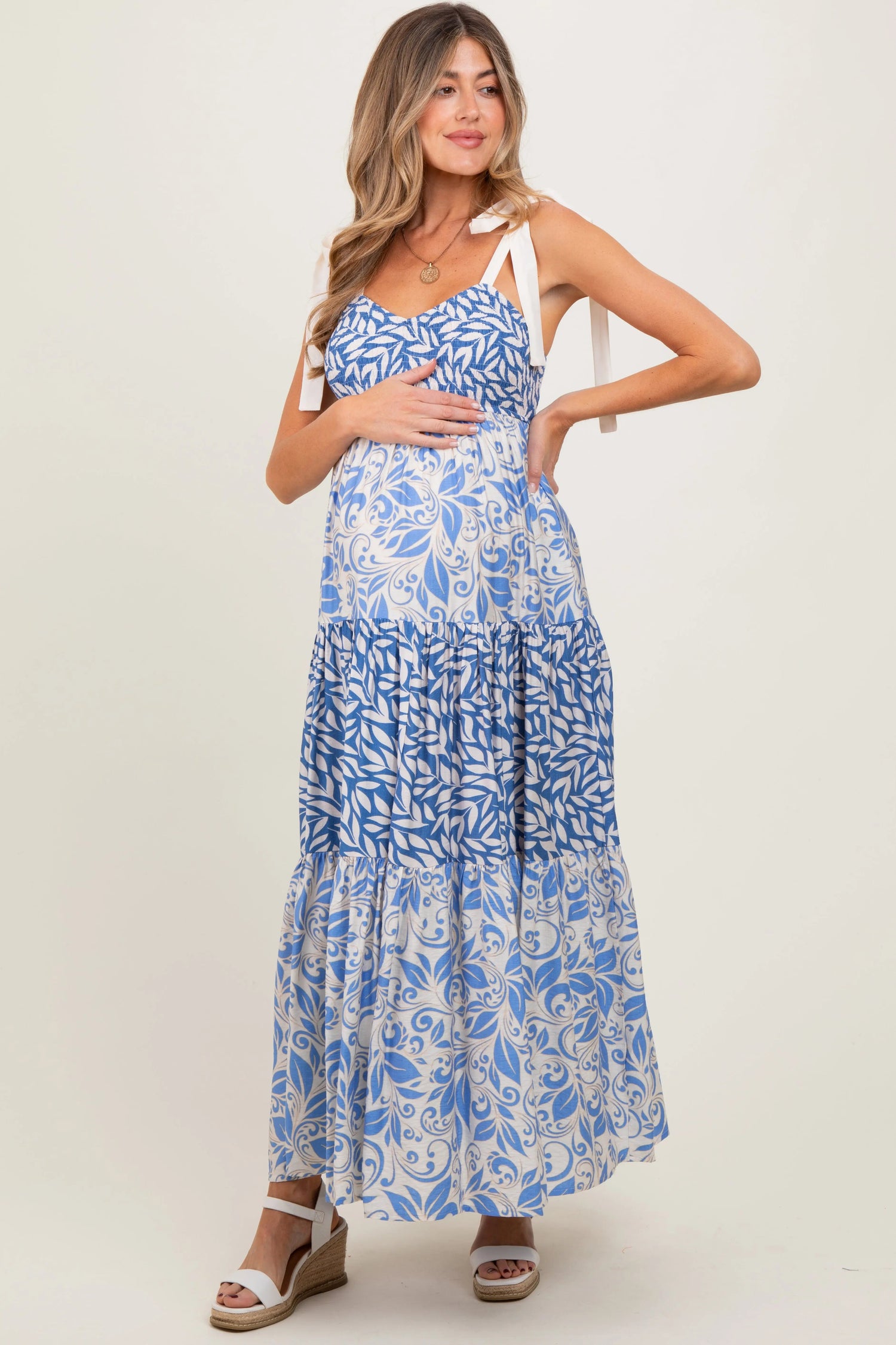 PinkBlush Blue Leaf Print Smocked Shoulder Tie Tiered Maternity Maxi Dress - 