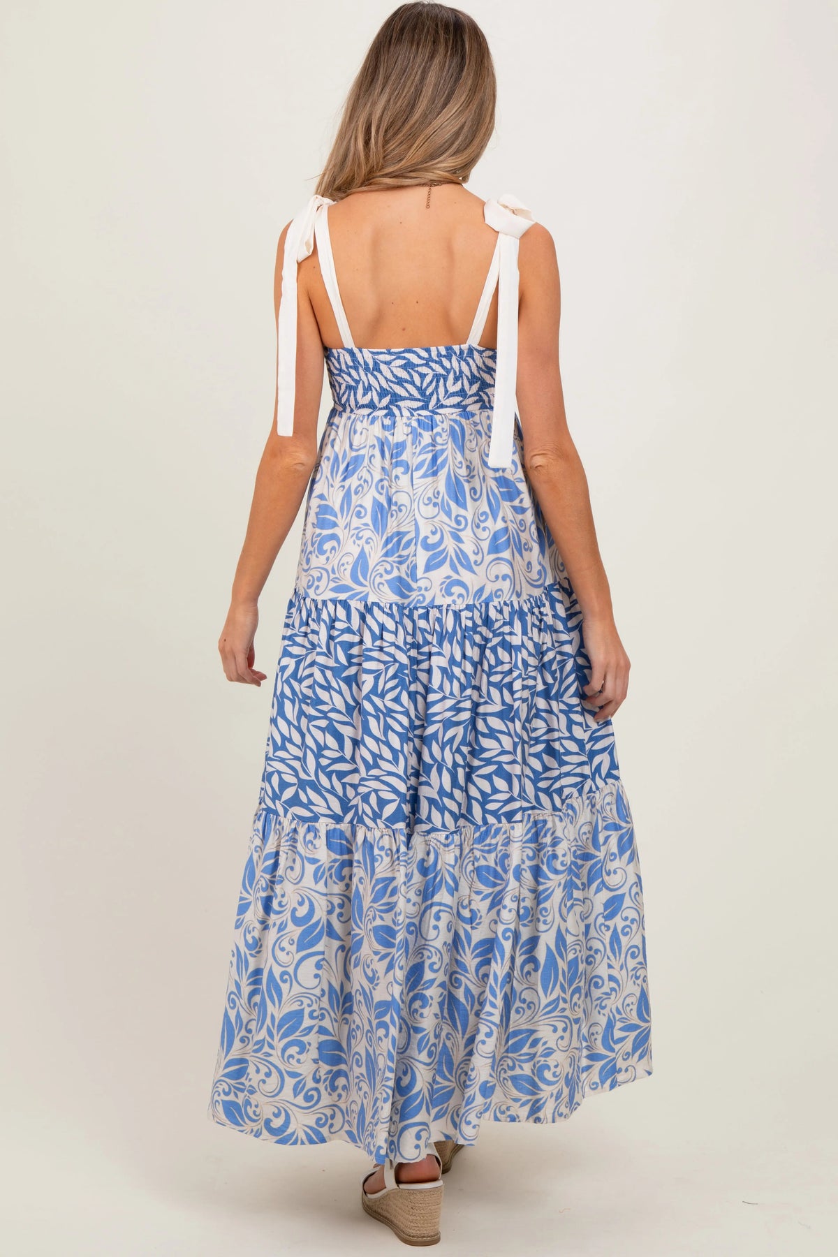 PinkBlush Blue Leaf Print Smocked Shoulder Tie Tiered Maternity Maxi Dress - 