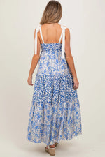 PinkBlush Blue Leaf Print Smocked Shoulder Tie Tiered Maternity Maxi Dress - 