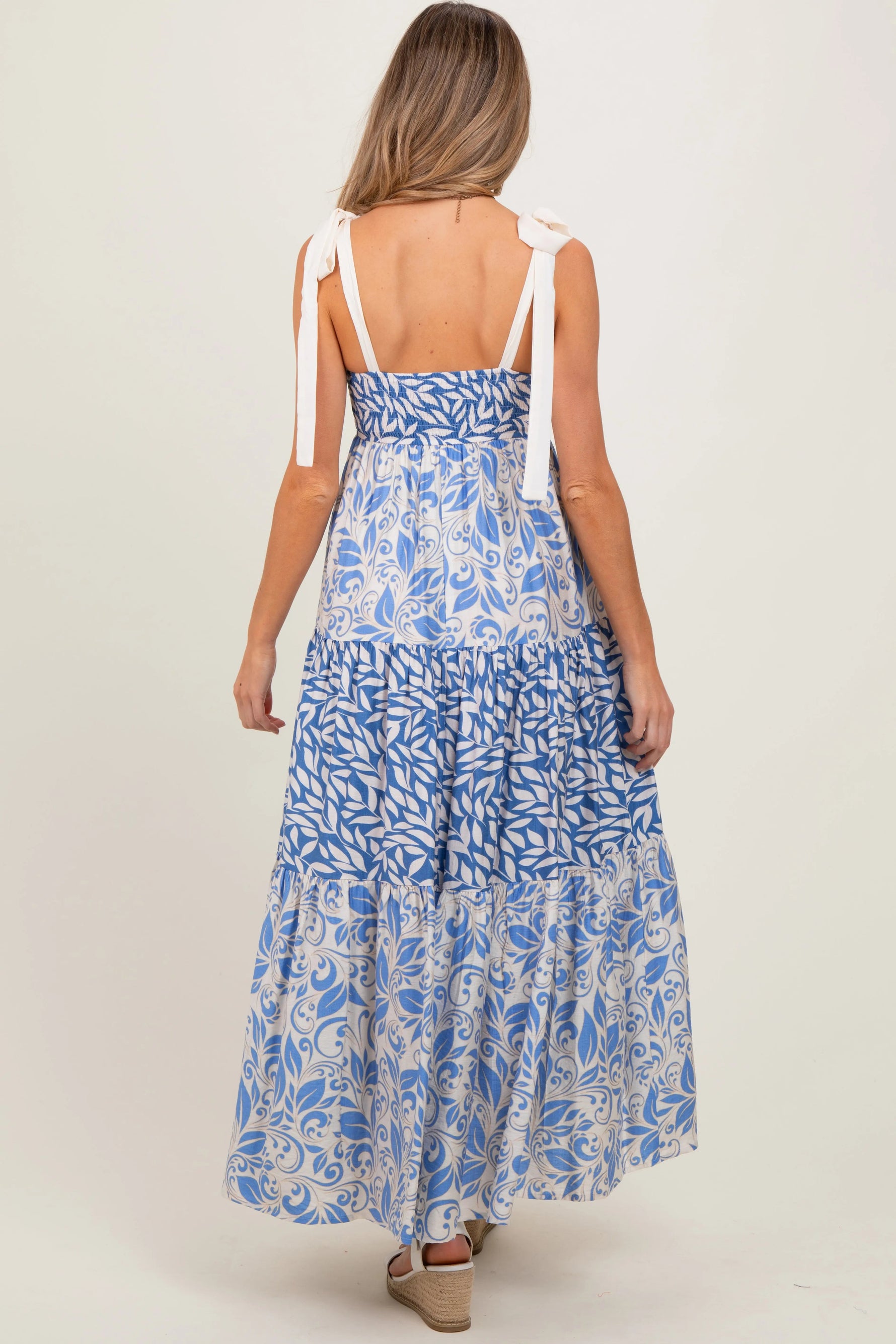 PinkBlush Blue Leaf Print Smocked Shoulder Tie Tiered Maternity Maxi Dress - 
