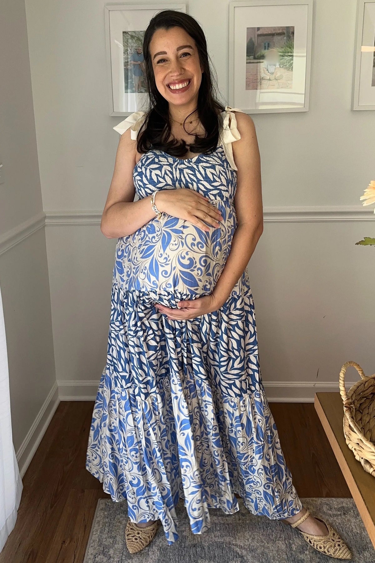 PinkBlush Blue Leaf Print Smocked Shoulder Tie Tiered Maternity Maxi Dress - 