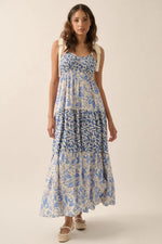 PinkBlush Blue Leaf Print Smocked Shoulder Tie Tiered Maternity Maxi Dress - 
