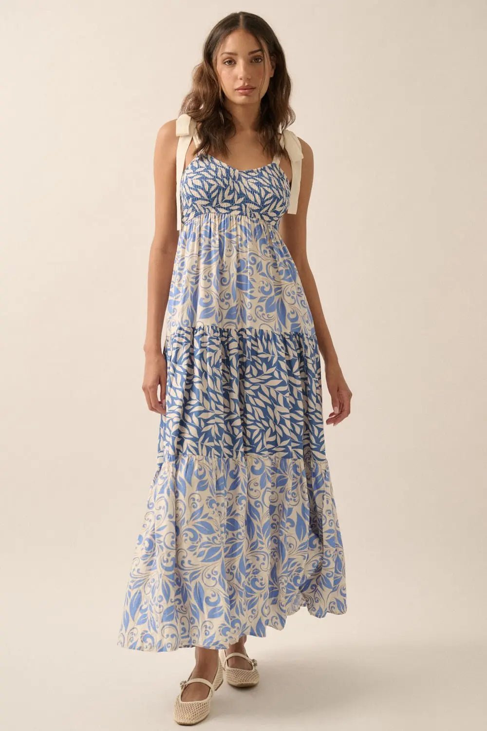 PinkBlush Blue Leaf Print Smocked Shoulder Tie Tiered Maxi Dress - 