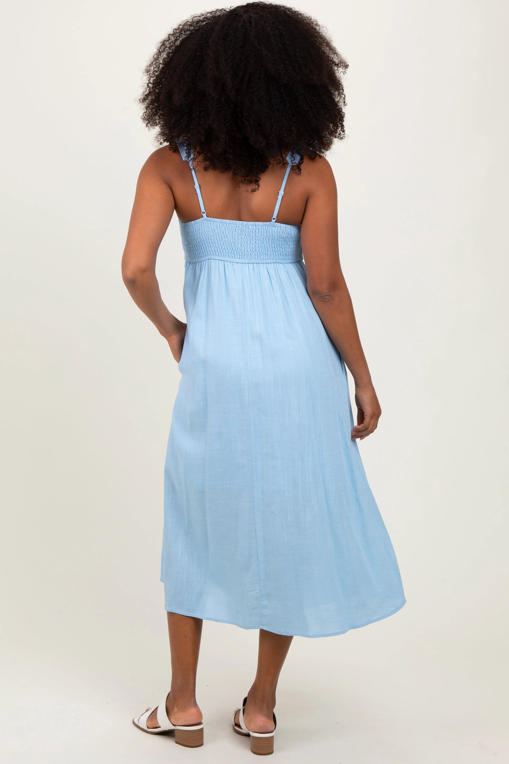 PinkBlush Blue Linen Blend Square Neck Midi Dress - 