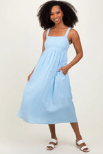 PinkBlush Blue Linen Blend Square Neck Midi Dress - 