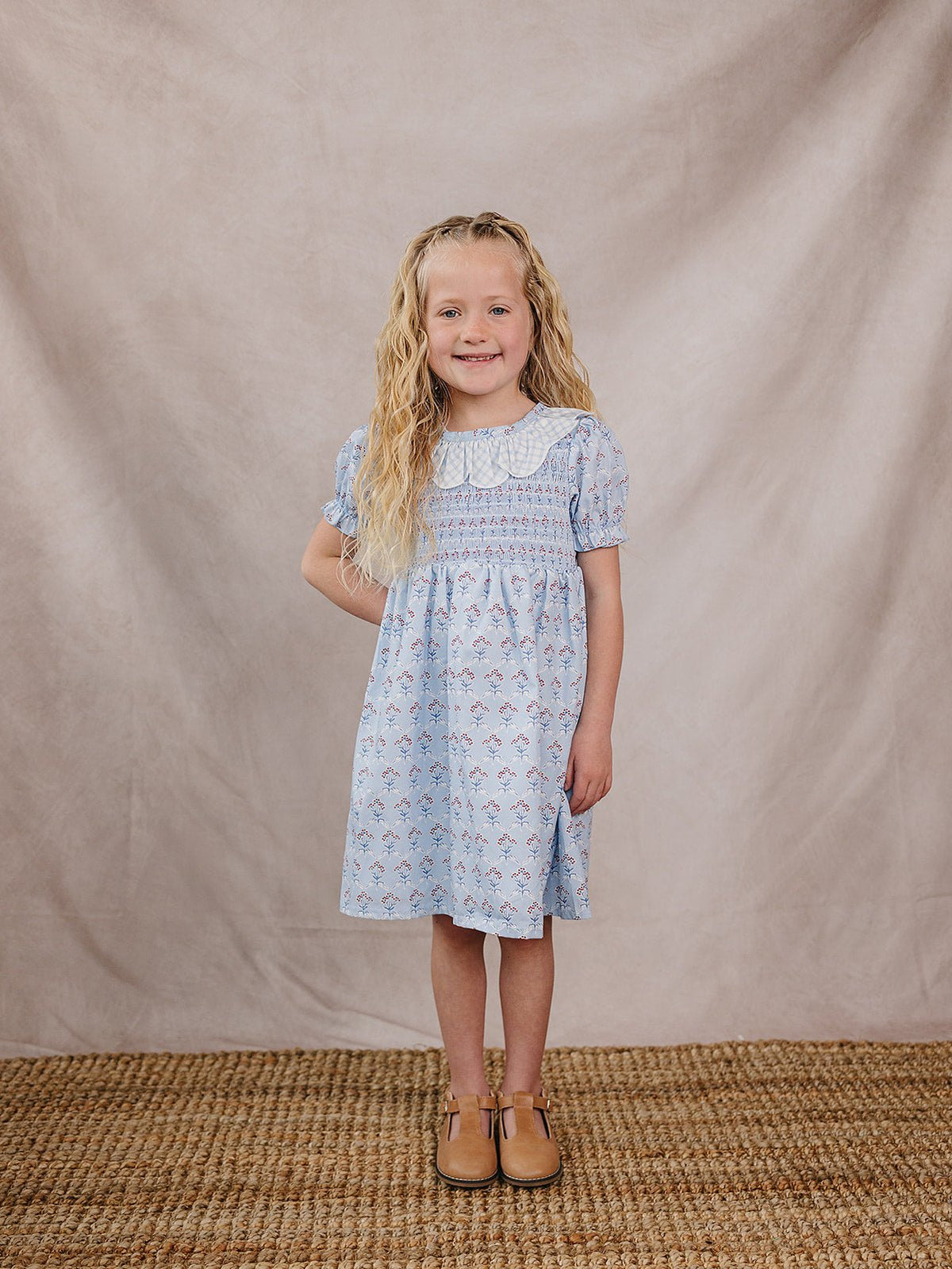 Mebie Baby Blue Meadow Dress For Baby And Toddler With Gingham Collar - 
