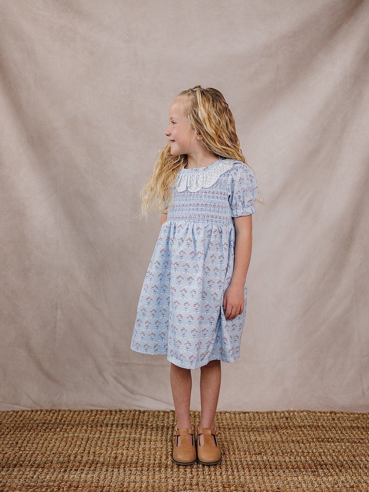 Mebie Baby Blue Meadow Dress For Baby And Toddler With Gingham Collar - 
