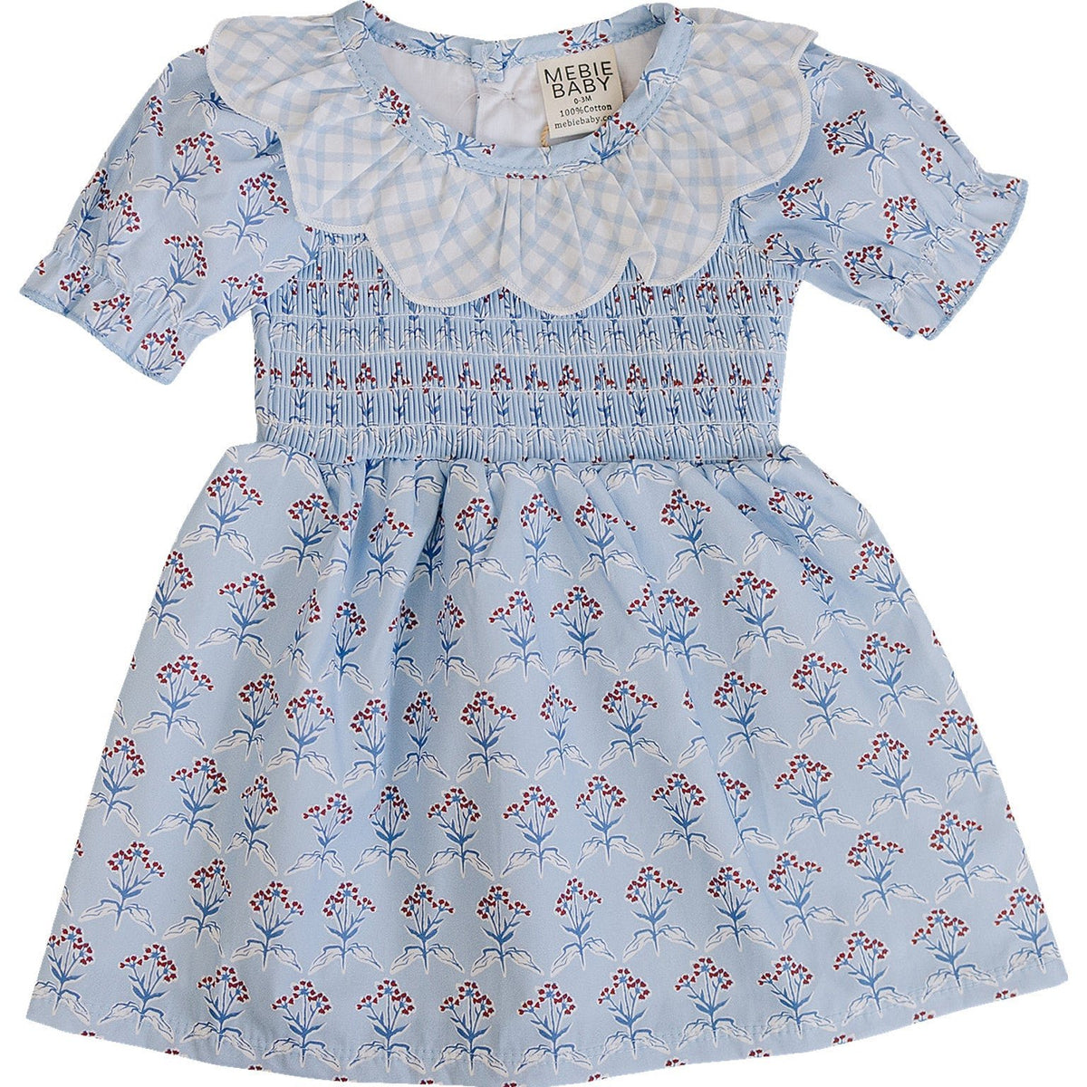 Mebie Baby Blue Meadow Dress For Baby And Toddler With Gingham Collar - 