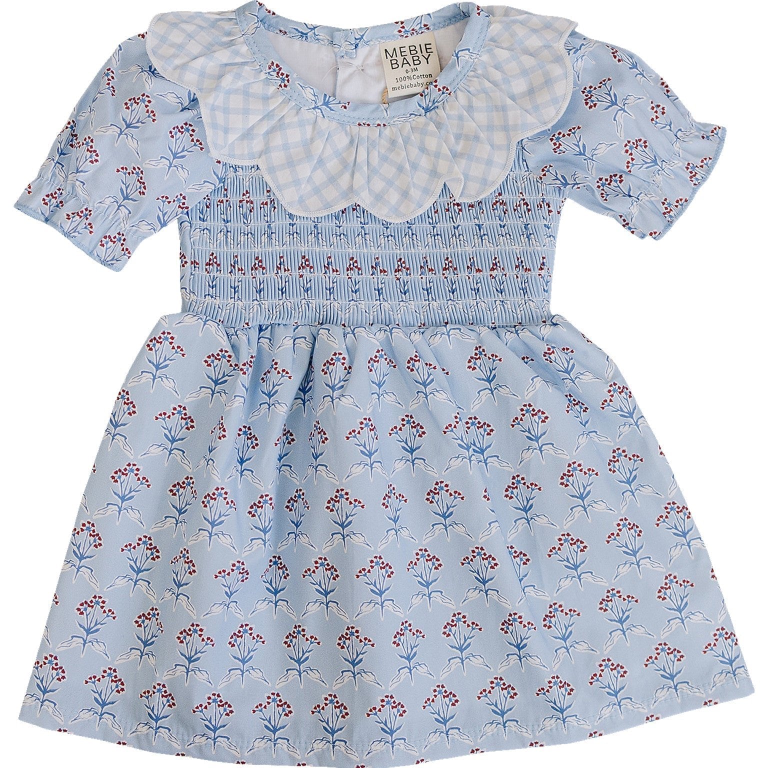 Mebie Baby Blue Meadow Dress For Baby And Toddler With Gingham Collar - 