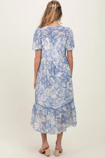 PinkBlush Blue Paisley Front Tie Ruffle Trim Maternity Midi Dress - 