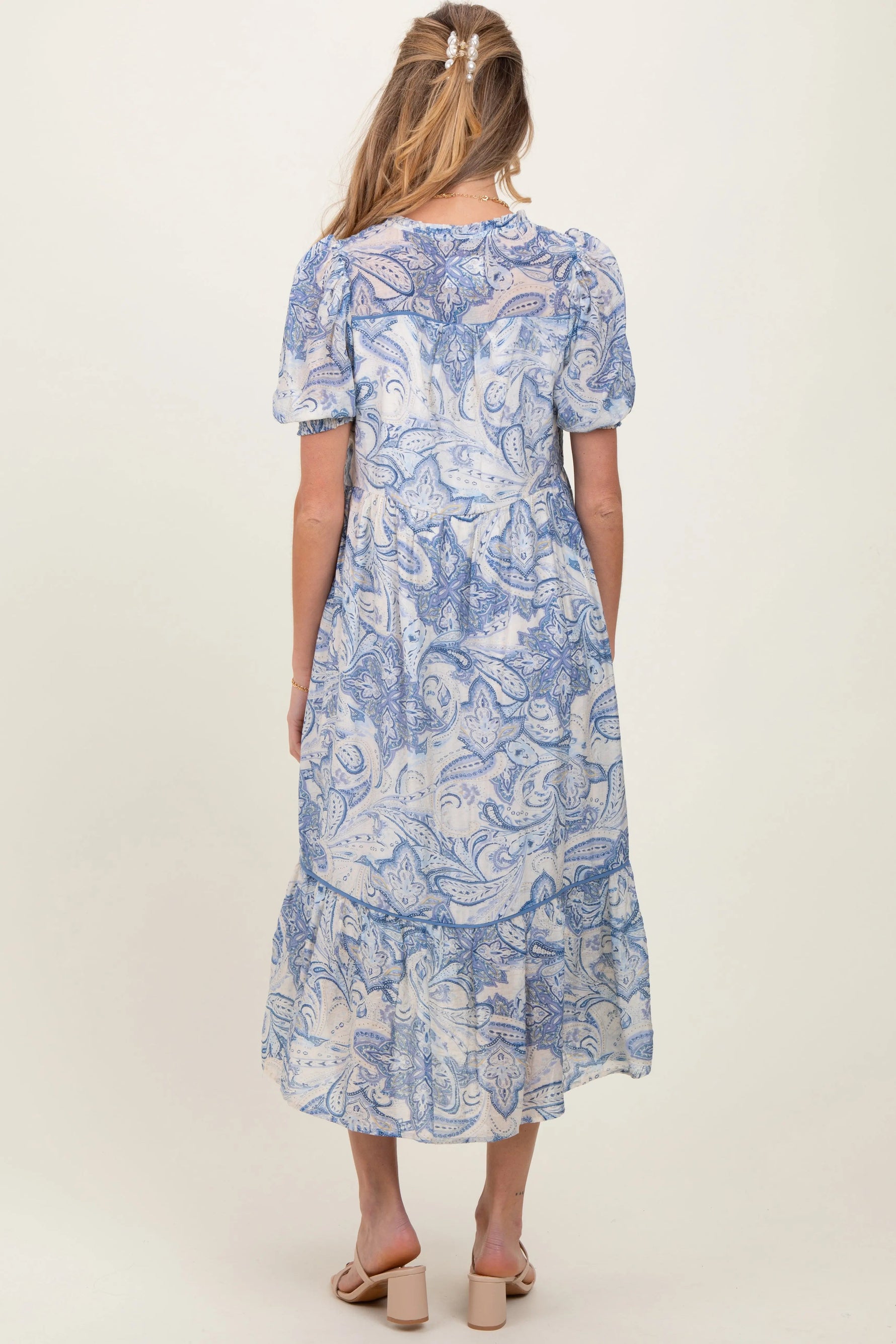 PinkBlush Blue Paisley Front Tie Ruffle Trim Maternity Midi Dress - 