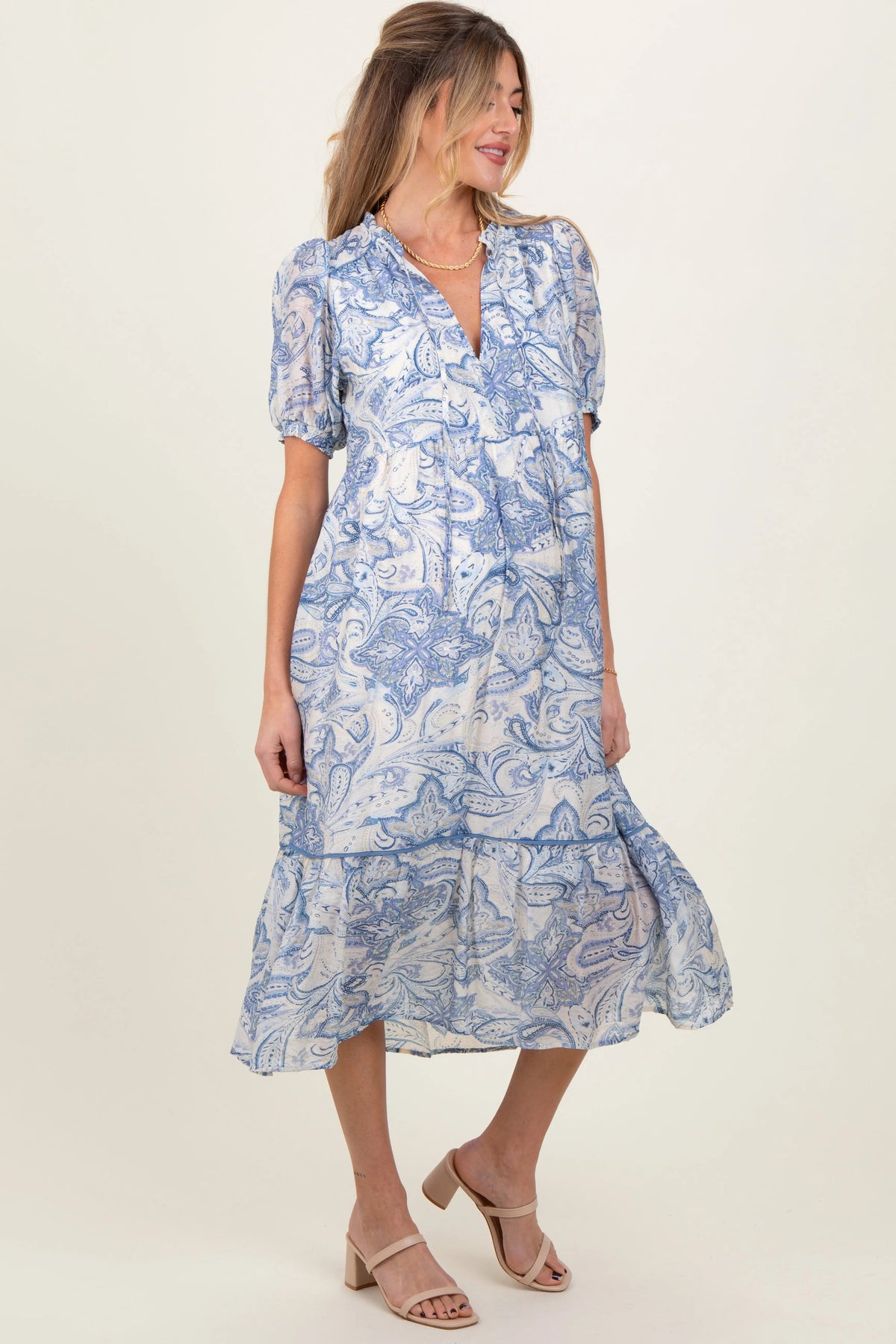 PinkBlush Blue Paisley Front Tie Ruffle Trim Maternity Midi Dress - 