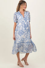 PinkBlush Blue Paisley Front Tie Ruffle Trim Maternity Midi Dress - 