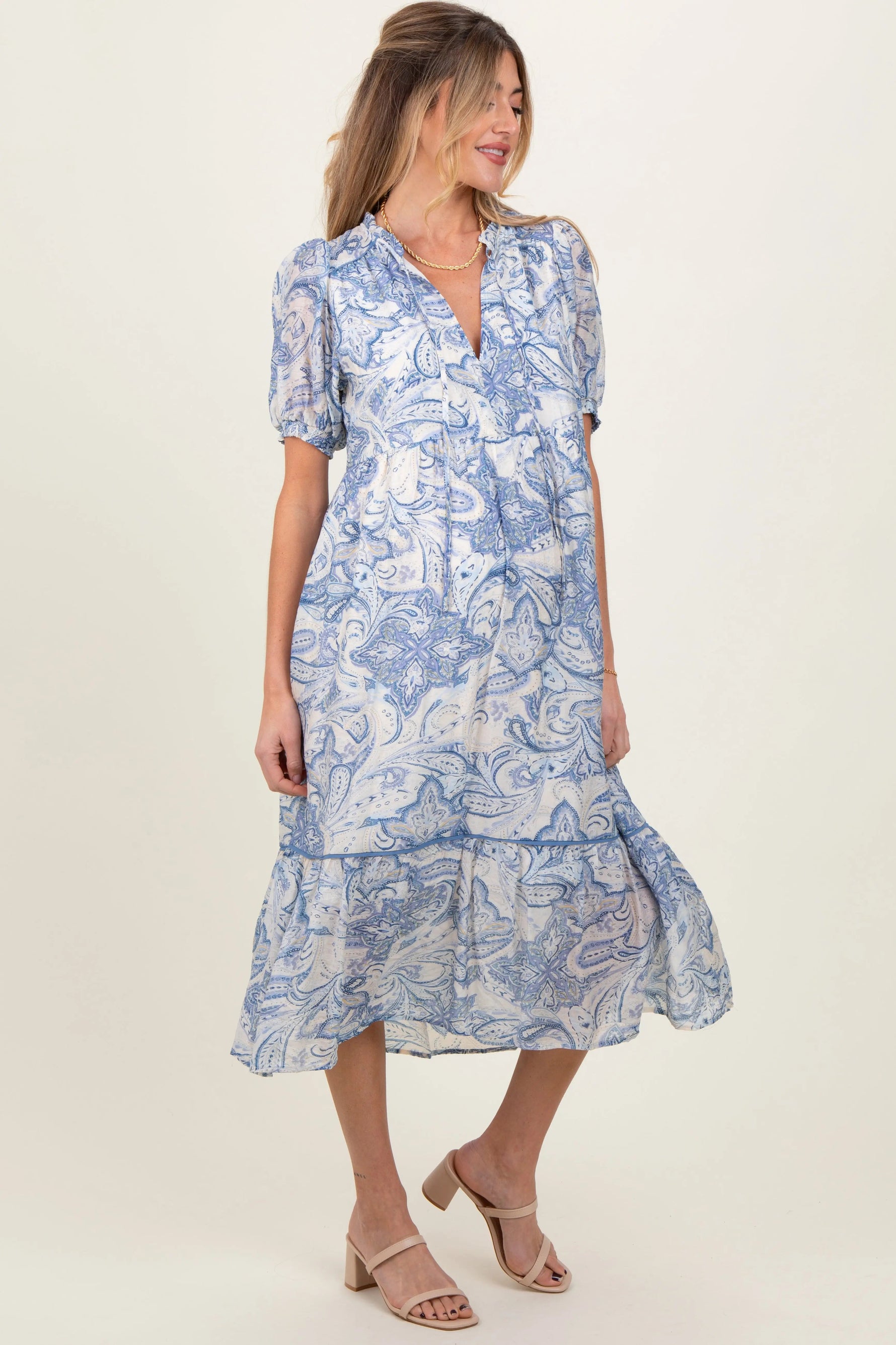 PinkBlush Blue Paisley Front Tie Ruffle Trim Maternity Midi Dress - 