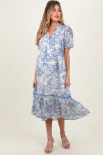 PinkBlush Blue Paisley Front Tie Ruffle Trim Maternity Midi Dress - 