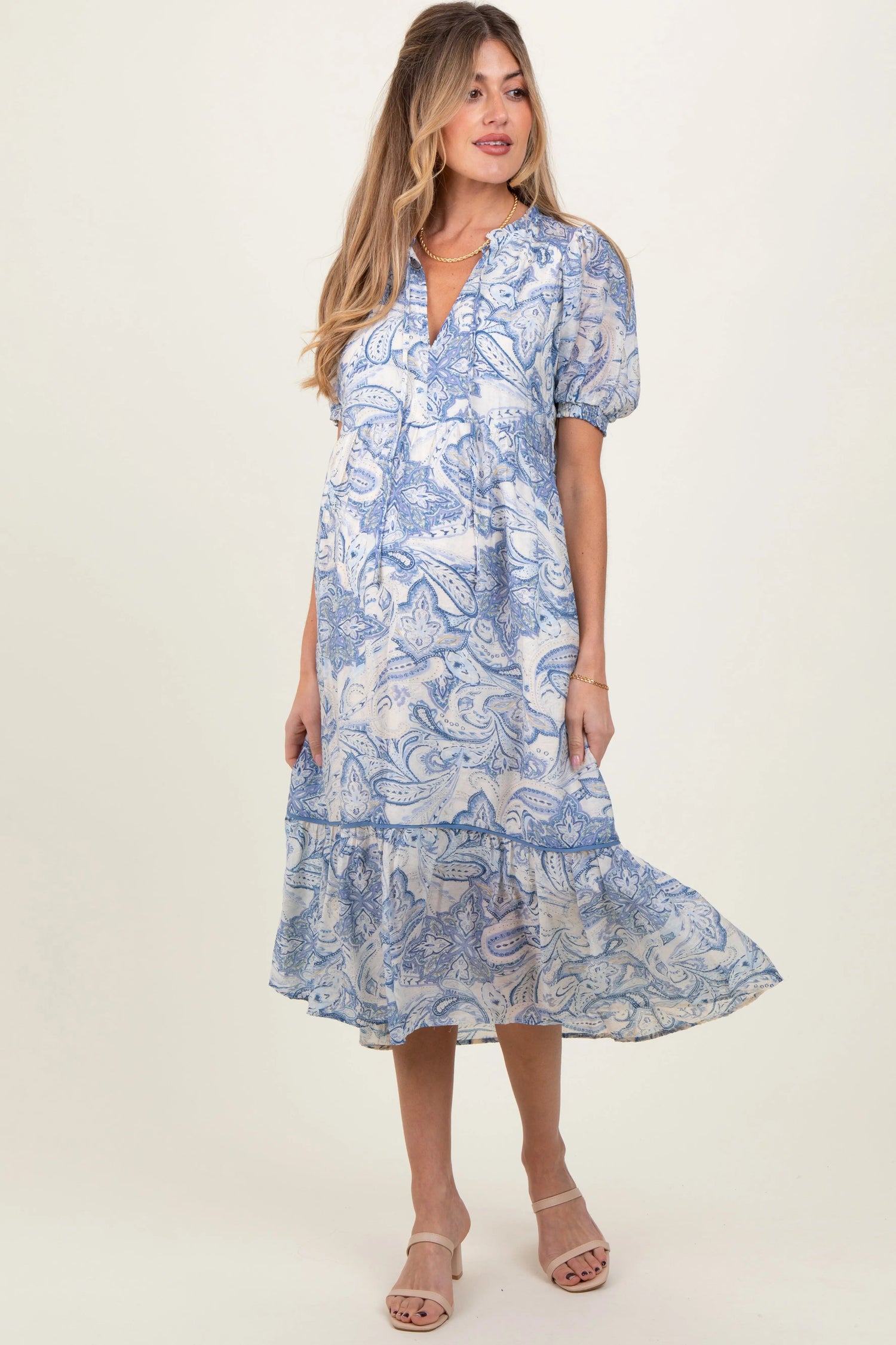 PinkBlush Blue Paisley Front Tie Ruffle Trim Maternity Midi Dress - 
