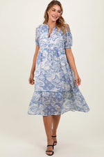PinkBlush Blue Paisley Front Tie Ruffle Trim Maternity Midi Dress - 