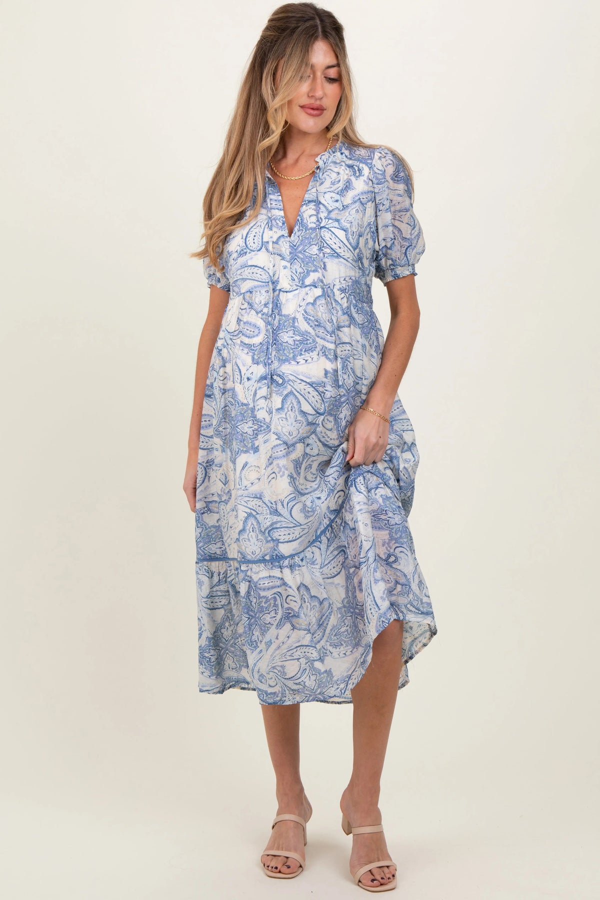 PinkBlush Blue Paisley Front Tie Ruffle Trim Maternity Midi Dress - 