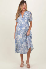 PinkBlush Blue Paisley Front Tie Ruffle Trim Maternity Midi Dress - 
