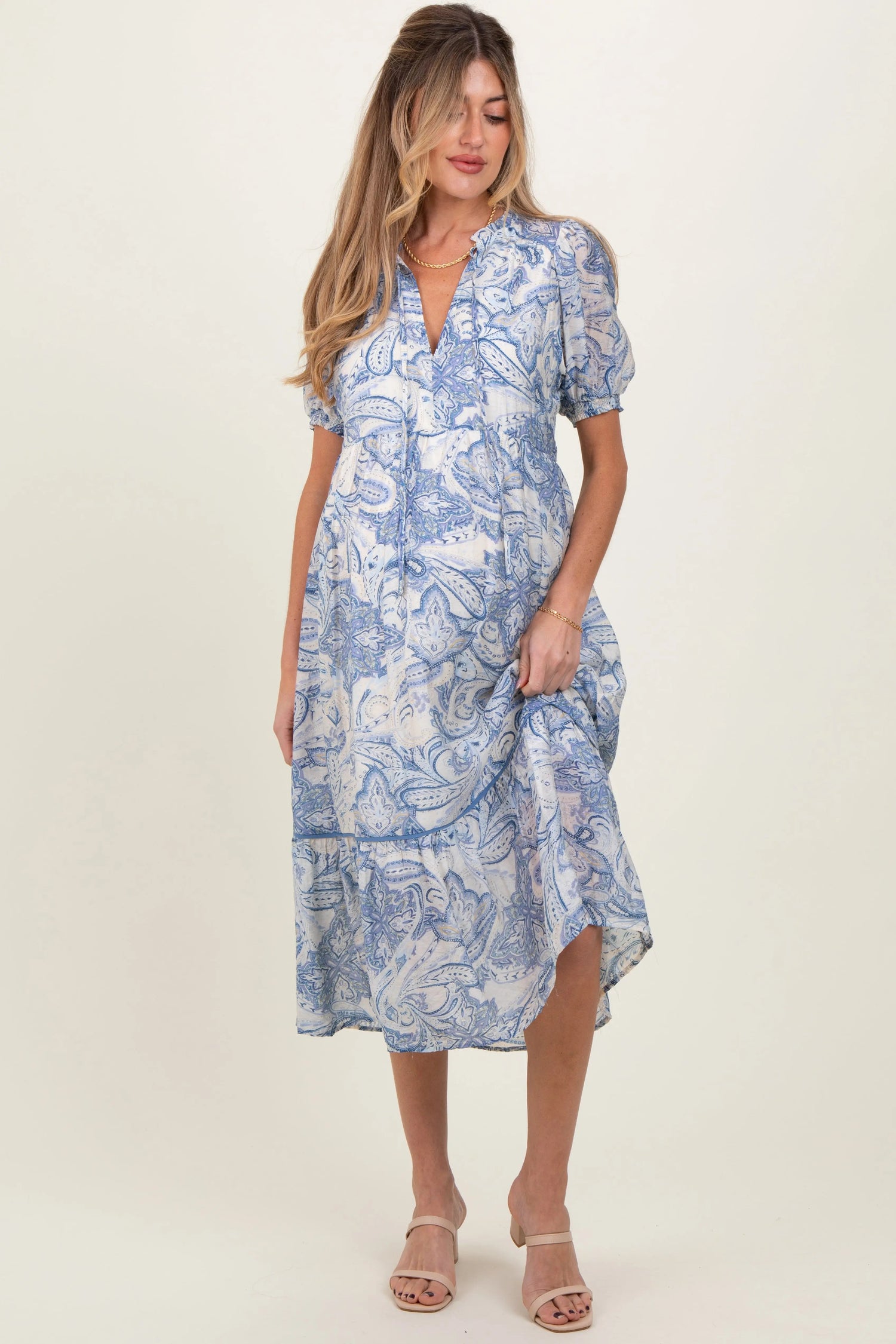PinkBlush Blue Paisley Front Tie Ruffle Trim Maternity Midi Dress - 