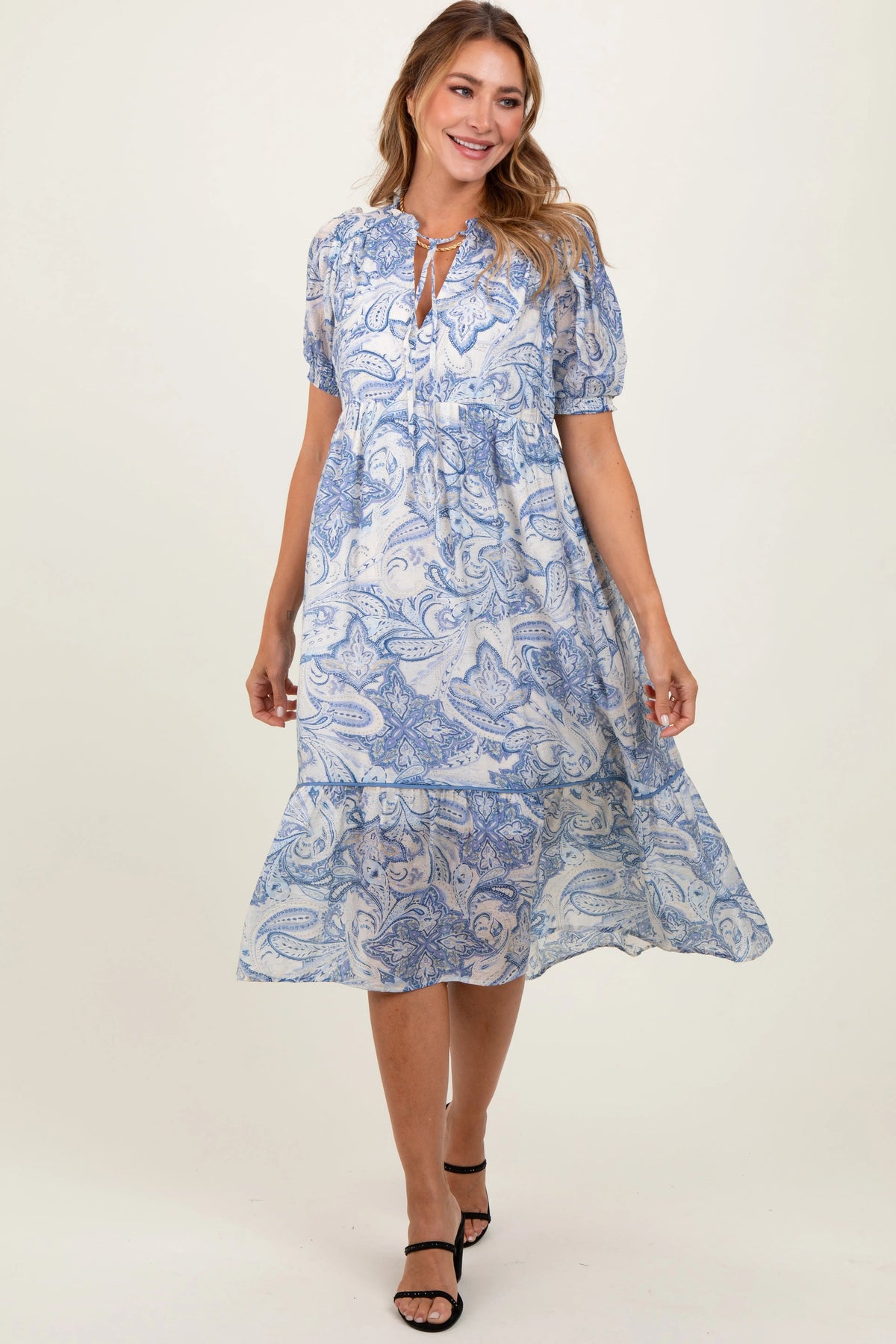 PinkBlush Blue Paisley Front Tie Ruffle Trim Midi Dress - 