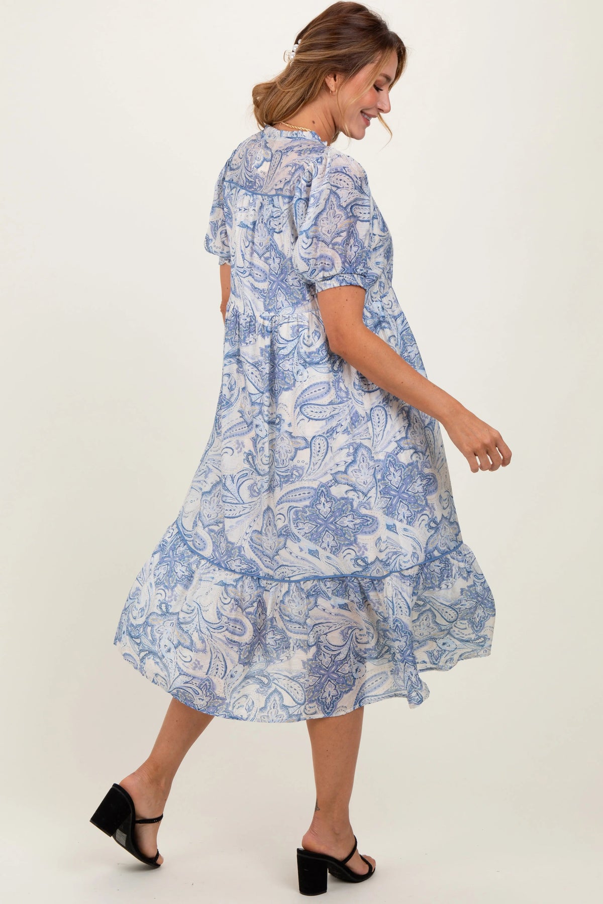 PinkBlush Blue Paisley Front Tie Ruffle Trim Midi Dress - 