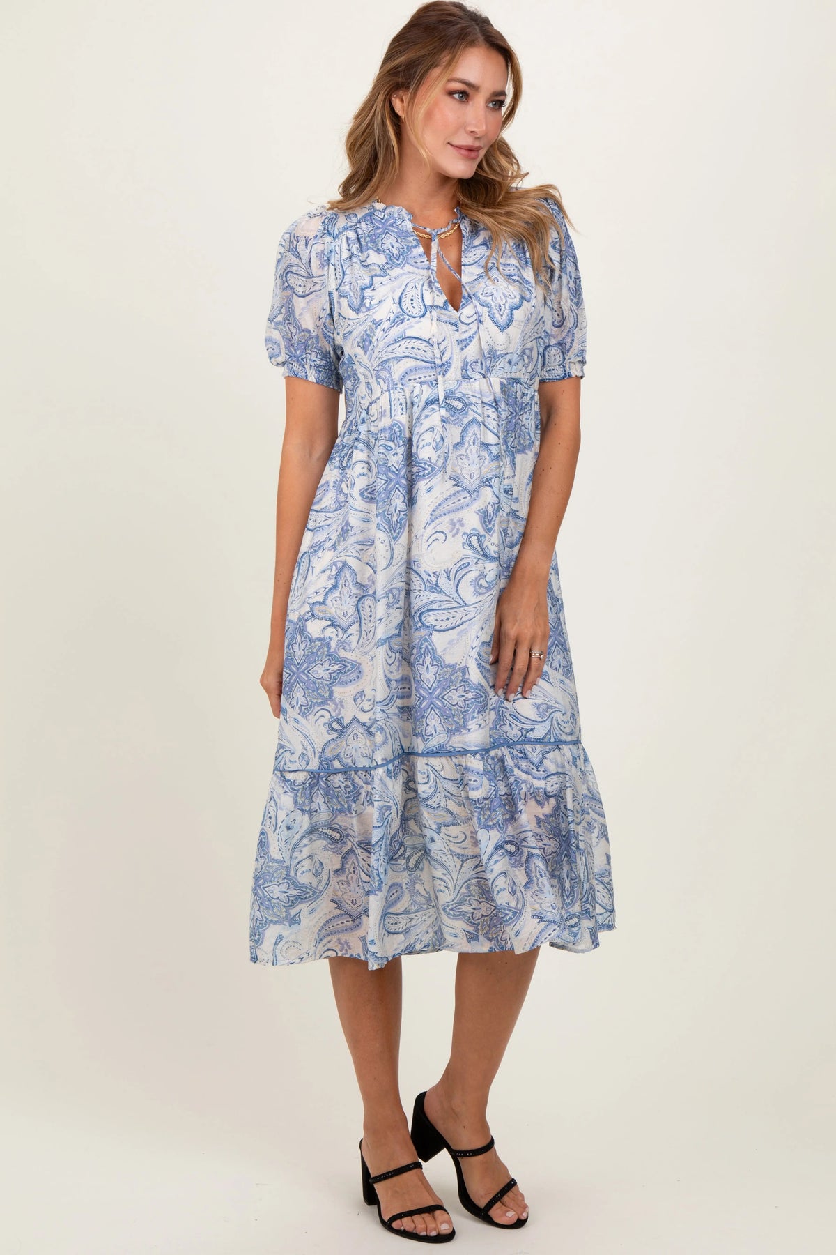 PinkBlush Blue Paisley Front Tie Ruffle Trim Midi Dress - 