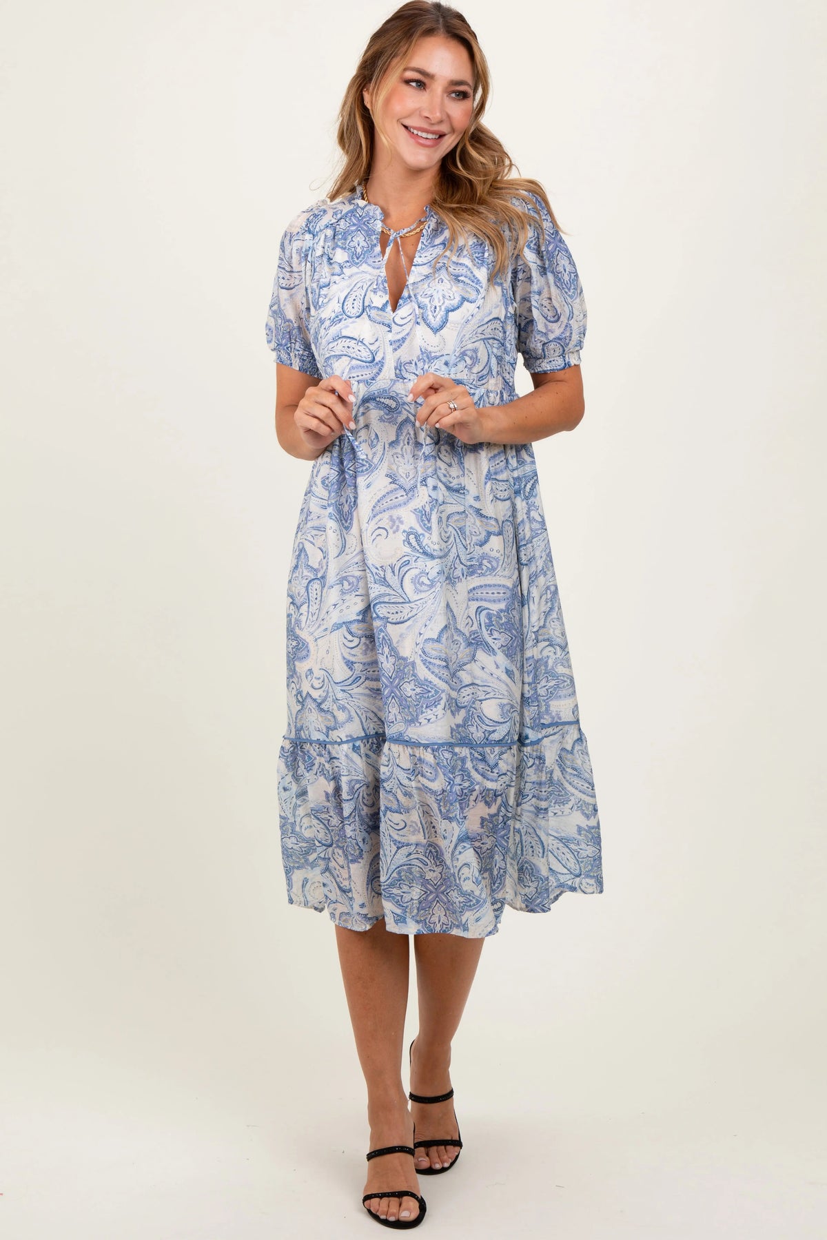 PinkBlush Blue Paisley Front Tie Ruffle Trim Midi Dress - 
