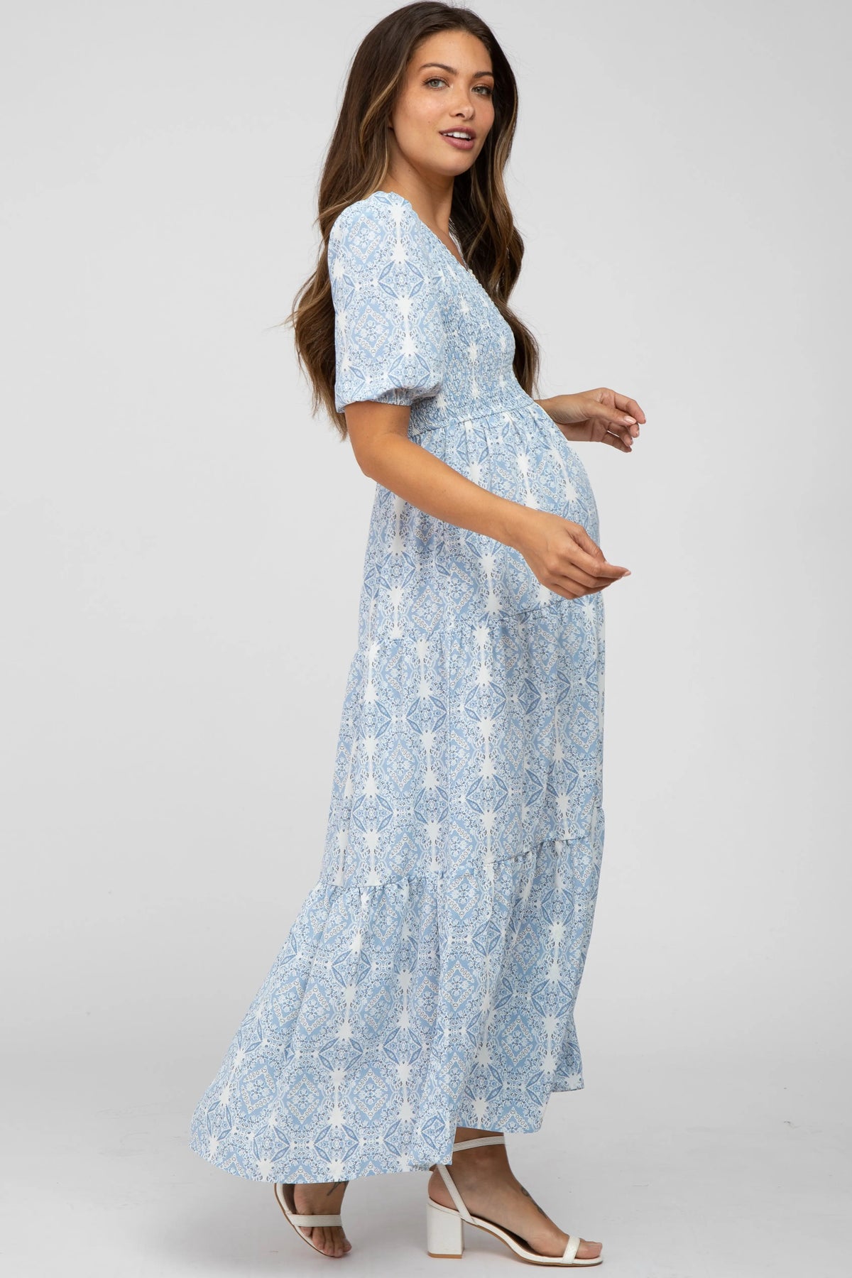 PinkBlush Blue Paisley Print Smocked Tiered Maternity Maxi Dress - 