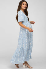 PinkBlush Blue Paisley Print Smocked Tiered Maternity Maxi Dress - 
