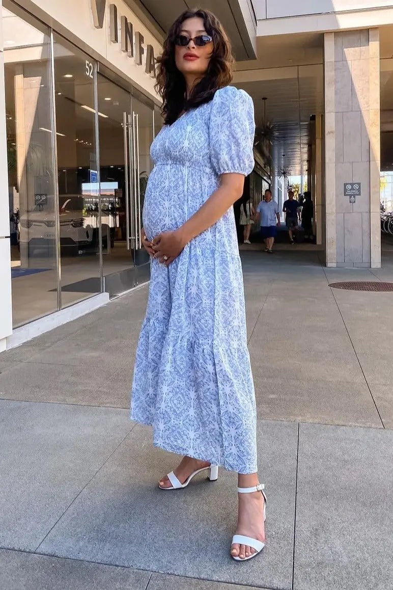 PinkBlush Blue Paisley Print Smocked Tiered Maternity Maxi Dress - 
