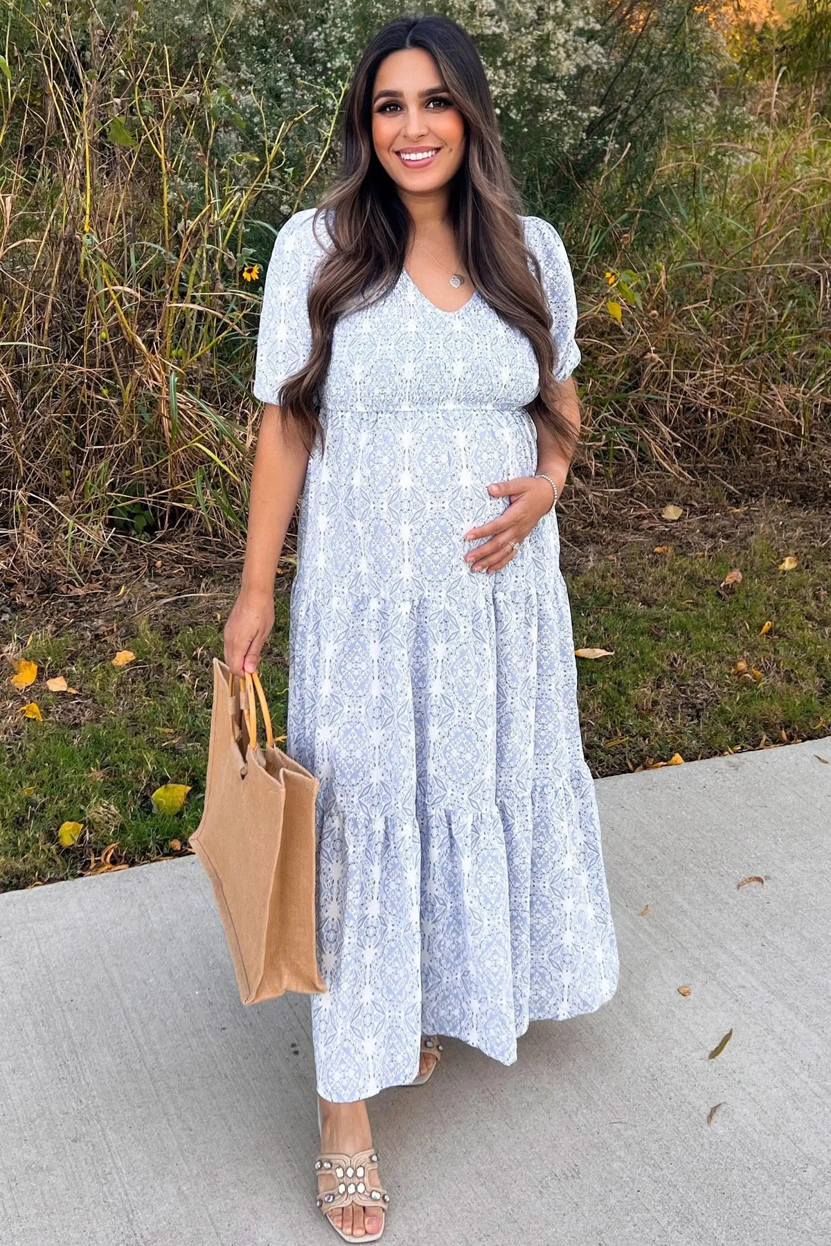 Blue Paisley Print Smocked Tiered Maternity Maxi Dress - Fashion, Day Dress, Textile, One-piece garment, Dress | Everetts Place