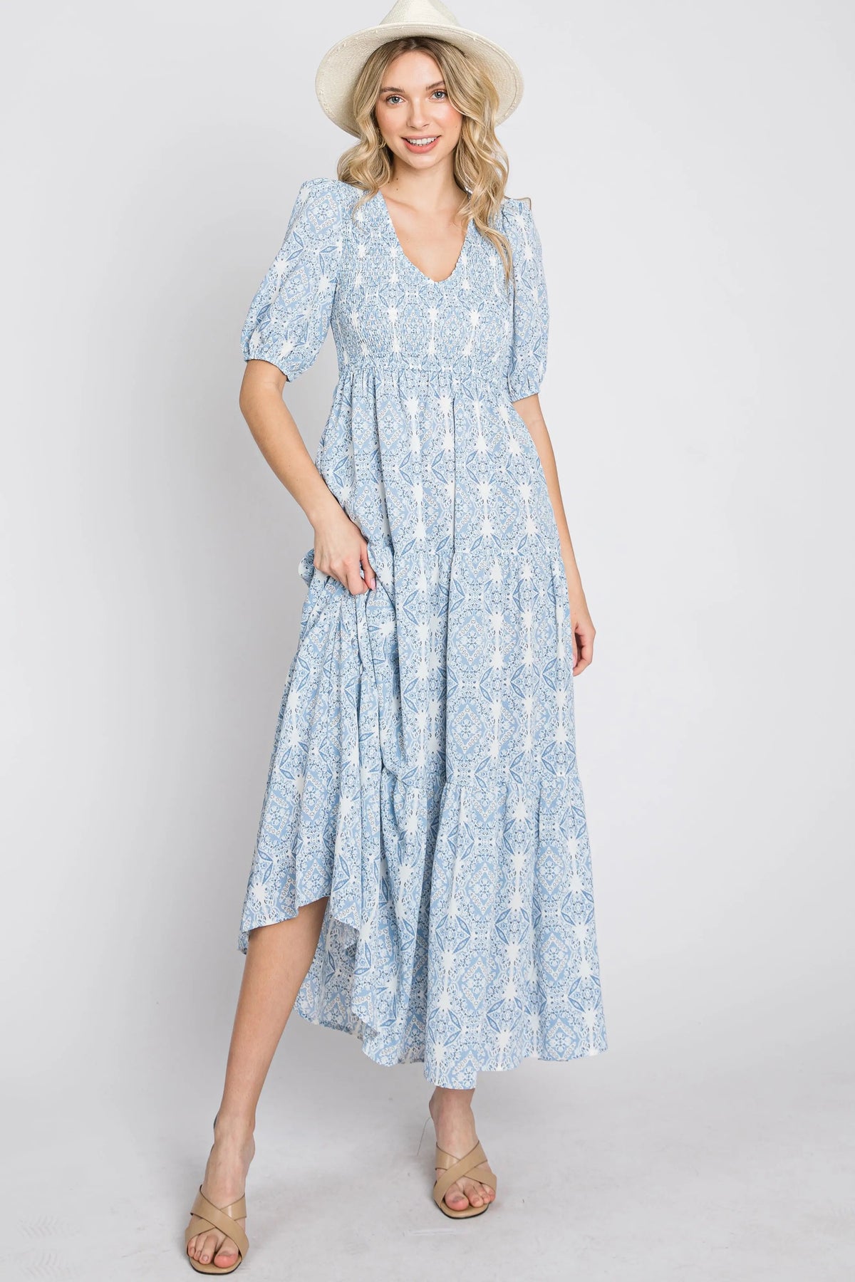 PinkBlush Blue Paisley Print Smocked Tiered Maternity Maxi Dress - 