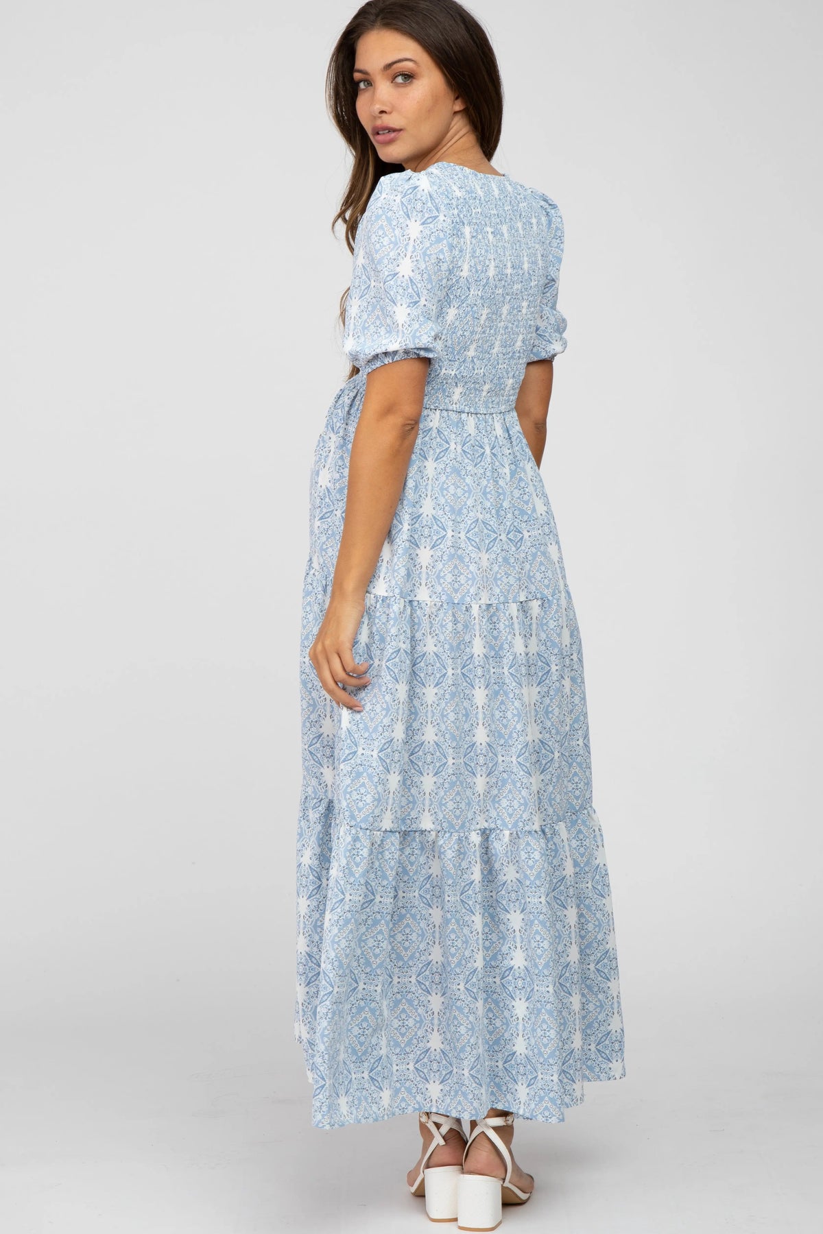 PinkBlush Blue Paisley Print Smocked Tiered Maternity Maxi Dress - 